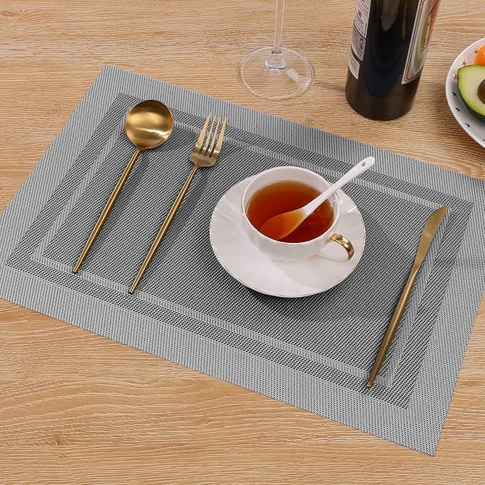 SHACOS Woven Vinyl Placemats Set of 6 Wipe Clean Place Mats for Dining Table Heat Resistant PVC Weave Table Mats Indoor Outdoor (6, Frame Grey)