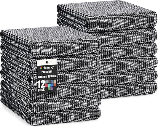 Homaxy Premium Kitchen Towels(18”x 28”, 12 Pack), Large Cotton Kitchen Hand Towels, Flat and Terry Dish Towels, 380 GSM Highly Absorbent Tea Towel Set with Hanging Loop, Black