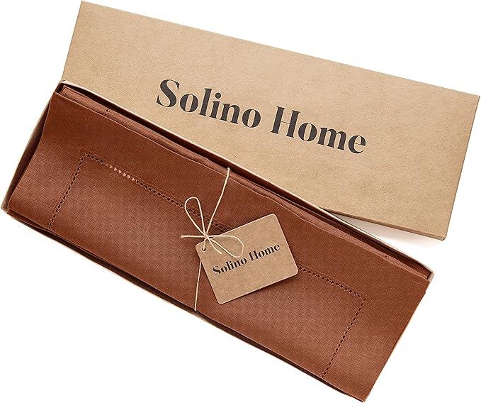 Solino Home Linen Placemats Set of 4 - Classic Hemstitch Cinnamon Placemats 14 x 19 Inch - 100% Pure Linen Table Mats for Fall, Autumn, Winter, Thanksgiving