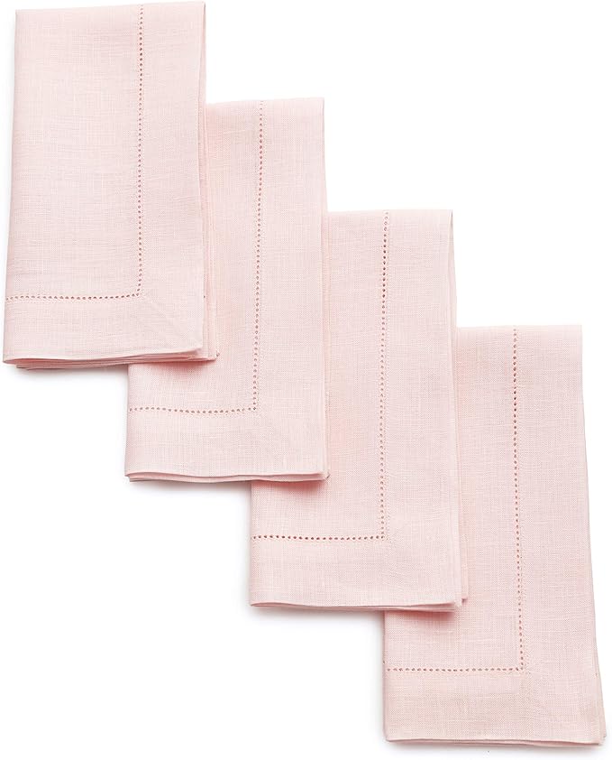 Solino Home Pink Linen Napkins Set of 4-100% Pure Linen Hemstitch Dinner Napkins 20 x 20 Inch - Classic Hemstitch