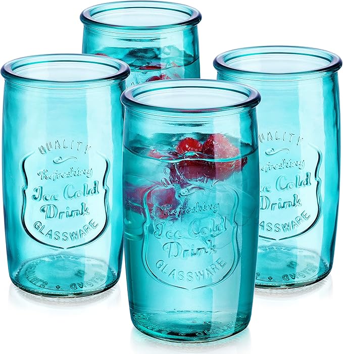 Glaver's Highball Glasses Set of 4 – 20oz Artistic Ice-Cold Pretty Blue – Vintage Glassware with Embossed Logo – Beverage Drinking Glasses for Water, Juice, Cocktails. Hand Wash.