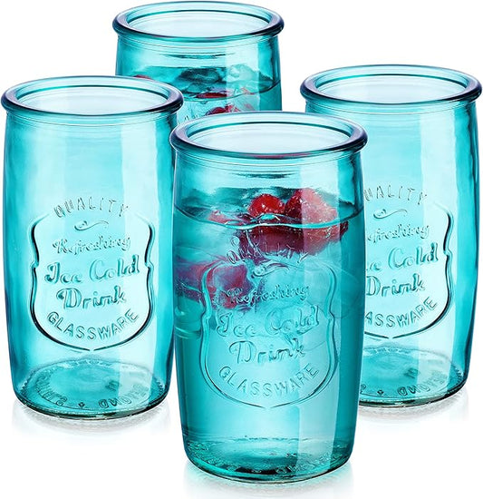 Glaver's Highball Glasses Set of 4 – 20oz Artistic Ice-Cold Pretty Blue – Vintage Glassware with Embossed Logo – Beverage Drinking Glasses for Water, Juice, Cocktails. Hand Wash.