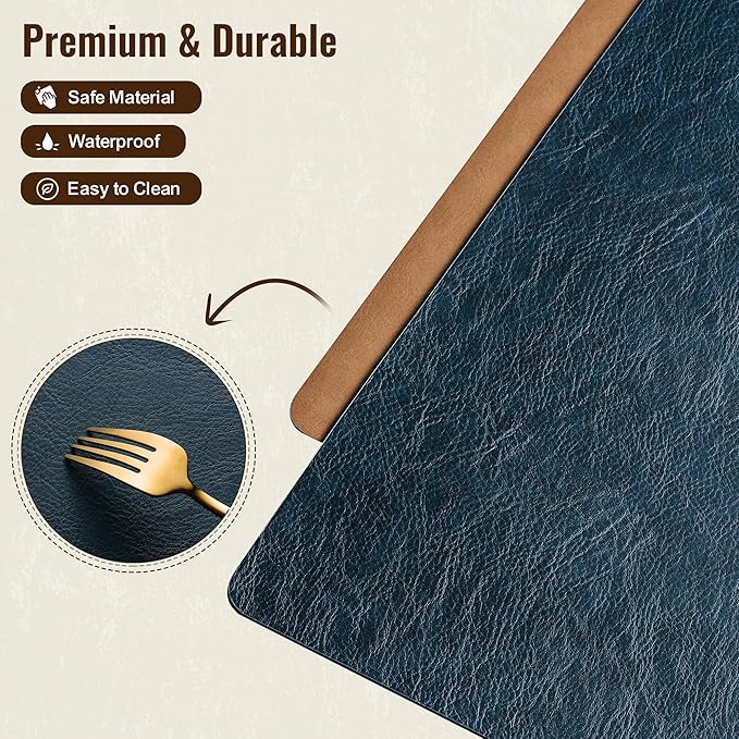 DOLOPL Placemats Set of 12 Reversible Dual-Color Table Placemats– Heat Resistant Wipeable & Washable Place Mats, Luxury Faux Leather Table Mats for Vintage Dining Table Decor(Camel & Navy Blue)