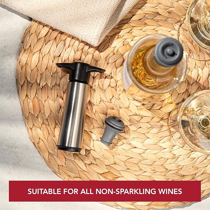 Vacu Vin Stainless Steel Wine Saver Pump with 2 Vacuum Stoppers - Airtight, Leakproof, and Reusable to Preserve Wine Freshness for Up to 10 Days - Easy to Use Perfect for Every Occasion