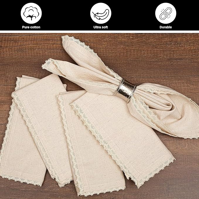 Bedding Craft Linen Flax Cotton Cloth Napkins 18x18 with Lace – Set of 72 – Machine Washable Reusable Fabric Napkins for Weddings, Cocktail Parties, Events & Table Settings (6 Dozen)