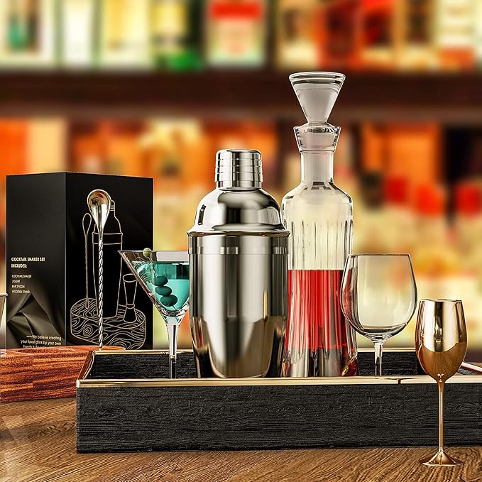 Cocktail Shaker Set,24 oz Martini Shaker,Bartender Kit with Stand,Stainless Steel Martini Mixer Built-in Strainer,Bar Tool Set,Drink Shaker,Fun Gifts.
