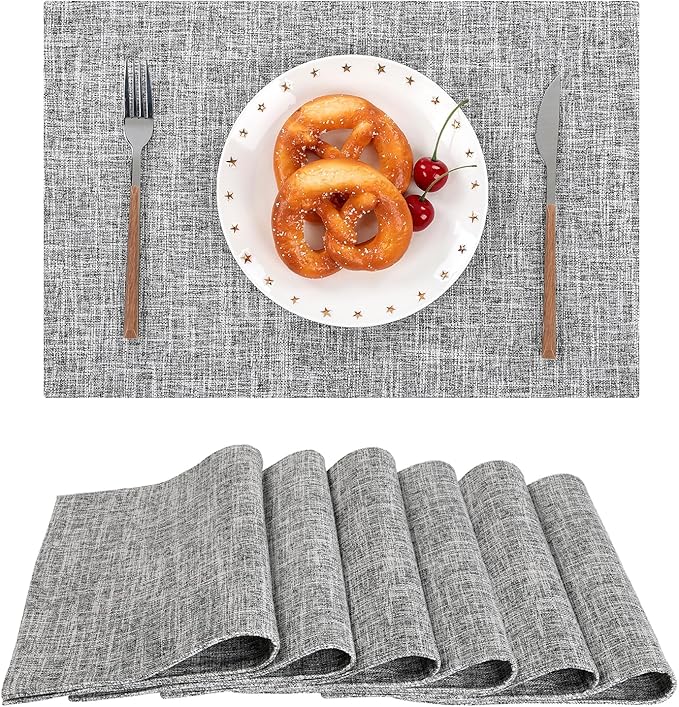 SHACOS Fabric Placemats Set of 6 Washable Heat Resistant Place Mats Non Slip Thick Cloth Placemats Reversible Table Mats Indoor Outdoor Home Wedding Table Decor, Light Grey White