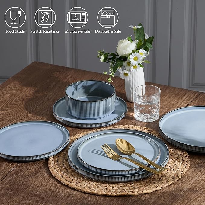 E-far 24-Piece Stoneware Dinnerware Sets, Plates and Bowls Sets for 8, Kitchen Modern Dinning Porcelain Dishes Set, Chip & Scratch Resistant, Dishwasher & Microwave Safe, Dusty Blue
