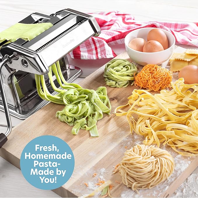 Pasta Maker Machine- Heavy Duty Chrome Coated Steel Construction with Fettucine & Spaghetti Attachments, Rollers w Adjustable Thickness Settings, Manual Hand Crank, Includes Recipe Guide, Xmas Gift