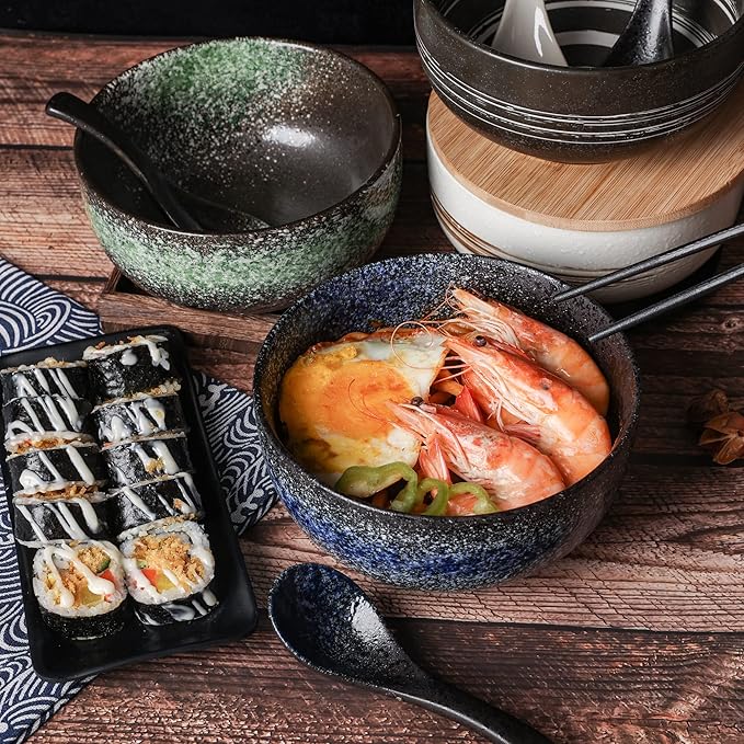 38 OZ Large Ceramic Ramen Bowls Sets， Japanese ramen bowls, soup bowl, noodle bowls with Spoons and Chopsticks For Salad, Rice, Noodles, Microwave & Dishwasher Safe (Ramen bowl set)
