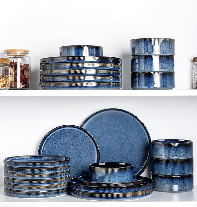 TheTerra Ceramic Dinnerware Sets for 6, 18 Pieces Porcelain Lightweight Speckled Plates and Bowls Sets, Scratch Resistant Dish Set, Oven & Microwave & Dishwasher Safe, Starry Blue