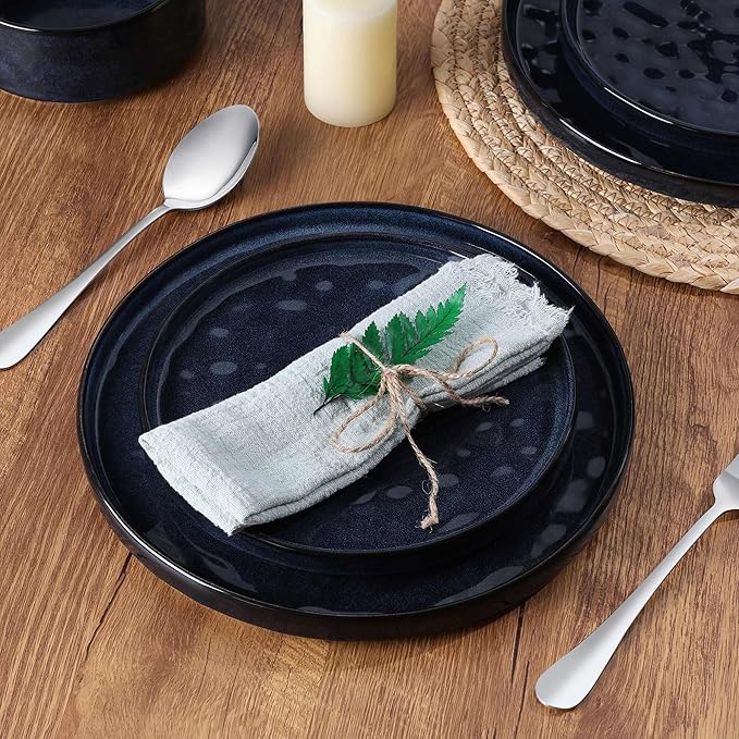 LIANYU 24 Pcs Plates and Bowls Sets for 8, Stoneware Dinnerware Dish Set, Dinner Dishware for Dessert Salad Pasta, Microwave & Dishwasher Safe, Cetacean Blue