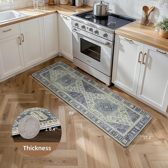 GENIMO Kitchen Mats for Floor, Washable Anti Fatigue Mat for Cushioned, 17.3"x59", Waterproof Kitchen Rugs, Non Slip Foam Comfort Standing Mat Rug for Home, Runner, Sink, Laundry, Blue