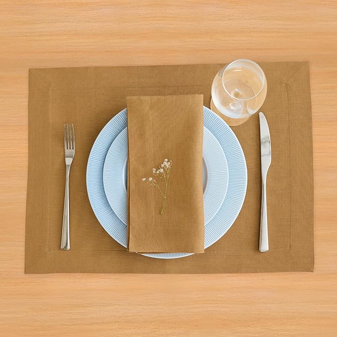 Solino Home Linen Placemats Set of 4 - Caramel Placemats 14 x 19 Inch - 100% Pure Linen Table Place Mats for Fall, Autumn, Thanksgiving - Fete