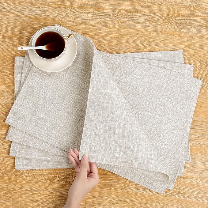 SHACOS Washable Cloth Placemats Set of 4, Double Layer Thick Non Slip Heat Resistant Place Mats, Stain Resistant Faux Linen Modern Farmhouse Table Mats, Ivory