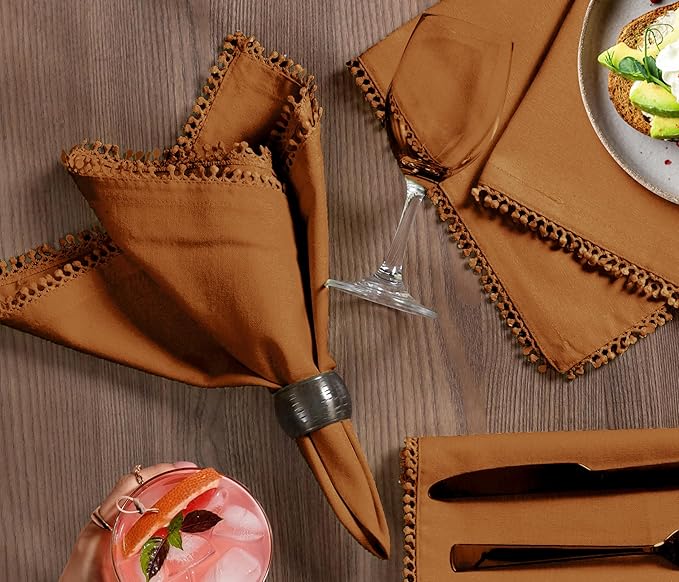 Bedding Craft Cotton Cloth Dinner Napkins Set of 12 – 18x18 Desert Sun with Decorative Lace Selvedge – Durable Machine Washable Fabric Napkins for Weddings, Baby Showers, Parties & Dining