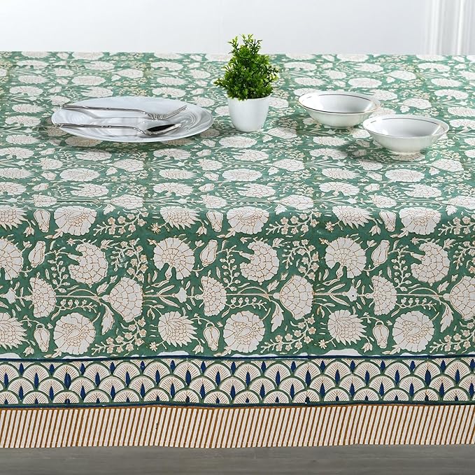 Ridhi -Turquoise Moss Green Cotton Tablecloth, Handblock Print Floral Table Cloth for Kitchen Dining Linen I Thanksgiving, Christmas, Wedding, Fall Décor 6 Seater 60x90 Inches Rectangle
