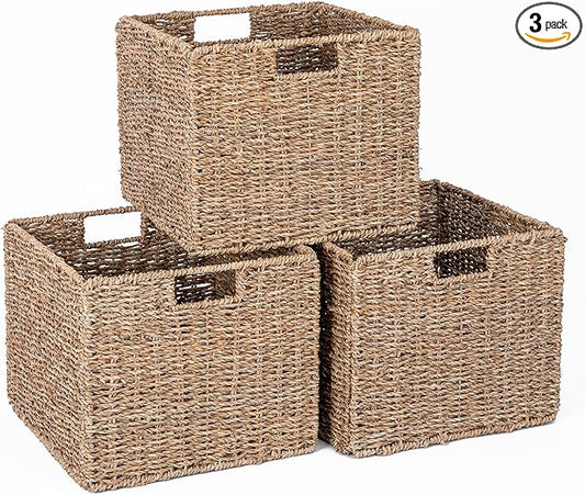 Seagrass Storage Baskets, 12X12X10in Cube Wicker Storage Basket for Shelves, Pantry Baskets Organization and Storage, Kitchen Storage Baskets, Bathroom Shelves Storage Basket Set of 3