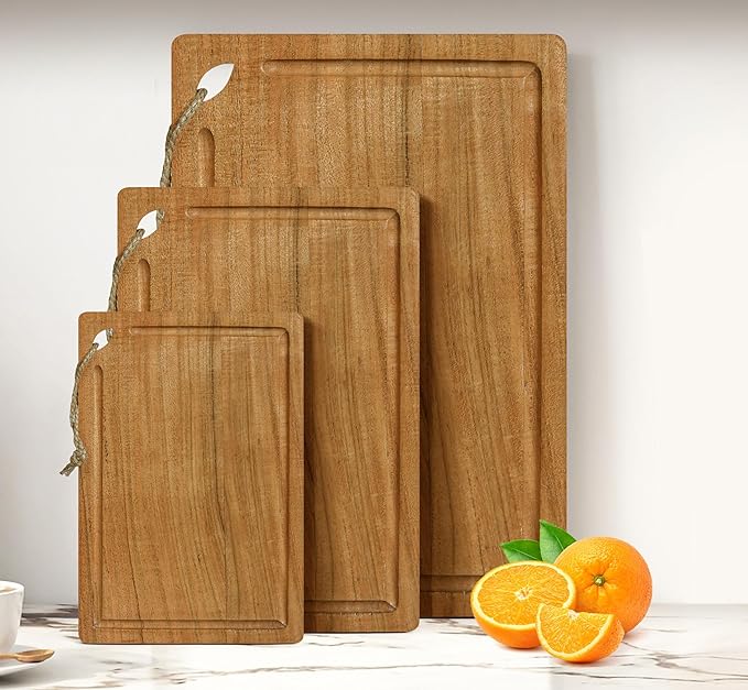 Extra Thick Wooden Cutting Boards for kitchen (Set of 3), Large Acacia Wood Cutting Board, Butcher Blocks, Charcuterie Boards with Side Handles and Juice Groove - Natural