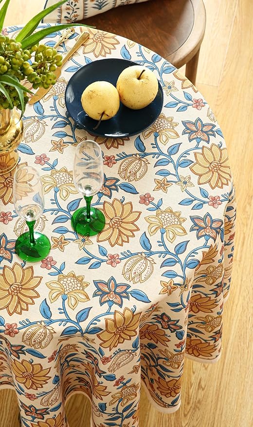 French Tablecloth for Round Tables,Linen Table Cloth with Yellow Flowers Pattern,Heavy Durable Table Cover for Dining Thanksgiving Kitchen Decor Party Christmas,Diameter 55"