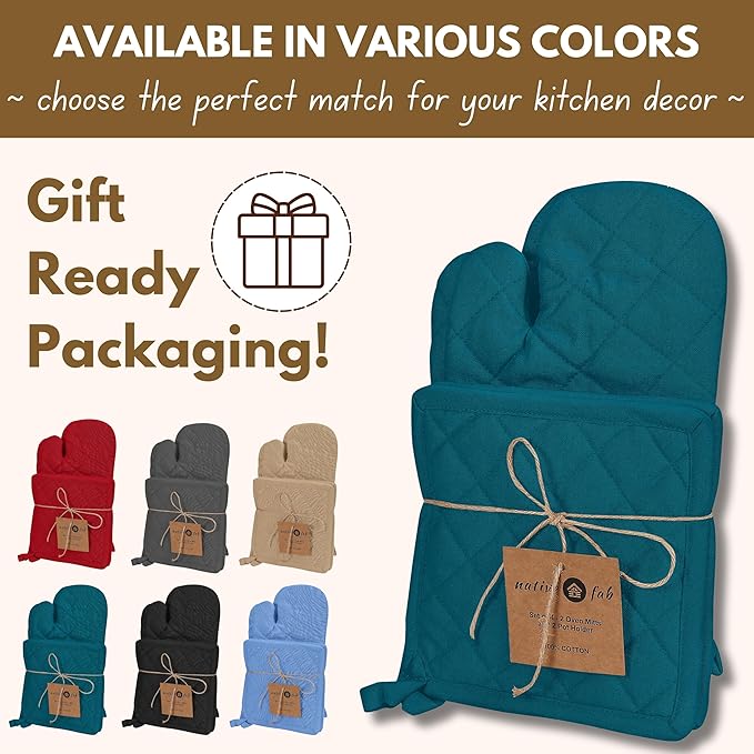 Native Fab Pot Holders and Oven Mitts Sets for Kitchen Heat Resistant - Hanging Non-Slip - 100% Cotton Kitchen Oven Mitts and Pot Holders 4 Piece Set - Teal