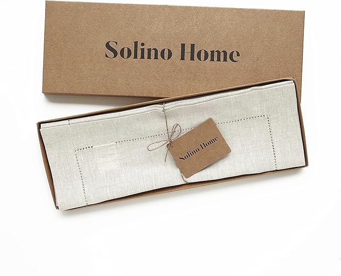 Solino Home Linen Cloth Placemats Set of 6-100% Pure Linen Hemstitch Light Natural Placemats 14 x 19 Inch - Classic Hemstitch Table Place Mats for Fall, Autumn, Thanksgiving, Christmas, Holiday