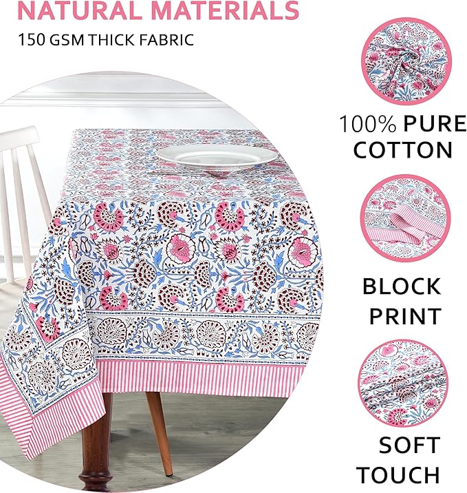 Ridhi - Hand Block Print Cotton Cloth Dinning Table Cover Wedding Farmhouse Thanks Giving Christmas Spring Tablecloth (Pigeon Blue and Flamingo Pink, 4 Seater 60x60 Inches)