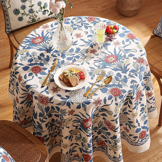 patdrea Designer Blue Tablecloth for Round Tables,Vintage Linen with Leaves and Flowers Pattern Tablecloths,Farmhouse Floral Table Cover Cloth Decor for Kitchen Dining Christmas,Diameter 55"