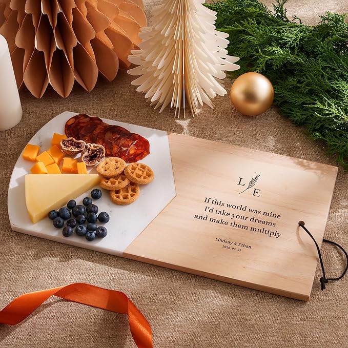 Custom Engraved Wood Marble Cutting Board Set, Personalized Cheese Board & Charcuterie Tray with Coasters, Ideal Housewarming or Wedding Gift
