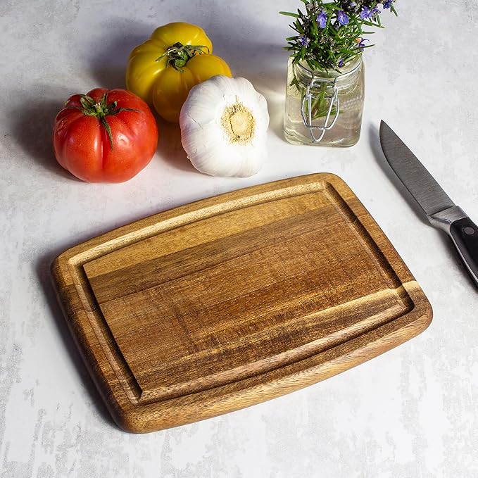 TB Home Acacia Wood Cutting Board with Juice Groove, Small Wooden Cutting Board for Kitchen, 8" x 6" x 5/8"