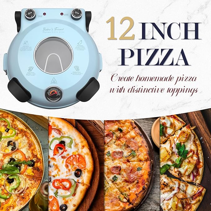 Baker's Friend Electric Pizza Oven Indoor Countertop, 12 Inch Maker Machine for Home, Cooker & Grill, Premium Glazed Ceramic Stone Oven, Pale Blue