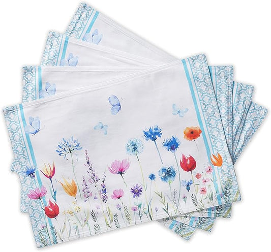 Maison d' Hermine Placemats Set of 4 100% Cotton Washable Cloth Place Mats, Reusable Table Mats for Kitchen Dining Decoration, Party, Wedding, Restaurant Spring/Summer (Flower In The Field, 13" x 19")