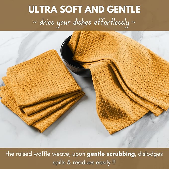 Native Fab 6 Pack Waffle Dish Cloths - 100% Cotton, Soft, Absorbent & Quick Drying Towels for Cleaning, Cooking & Baking - Great for Home, Restaurants, Cafes, Bars - Mustard Yellow