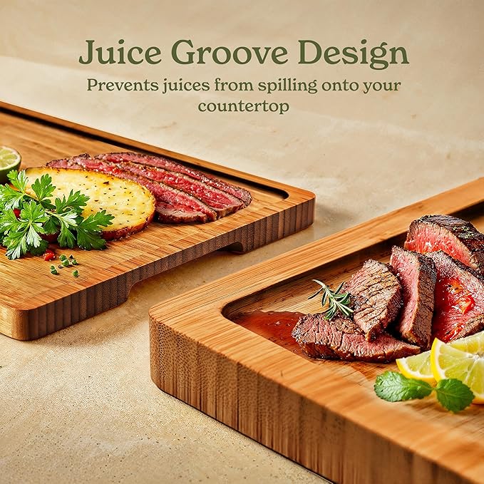 SMIRLY Bamboo Cutting Boards, Brown Bamboo Wood Cutting Board for Kitchen, Set of 4 with Holder & Deep Juice Groove, Butcher Block for Chopping Meat, Charcuterie Cheese Serving Tray, Kitchen Gadgets