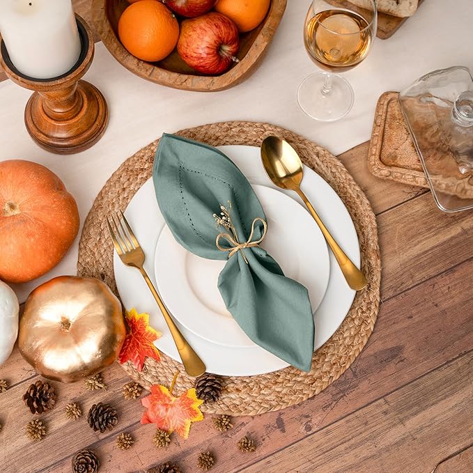 Blue Needles Set of 6 Hemstitch Linen Napkins 100% Cotton Hunter Green Cloth Dinner Napkins 18x18 inches, Soft, Reusable, Absorbent, Washable, Ideal for Fall Thanksgiving Events Parties & Everyday Use