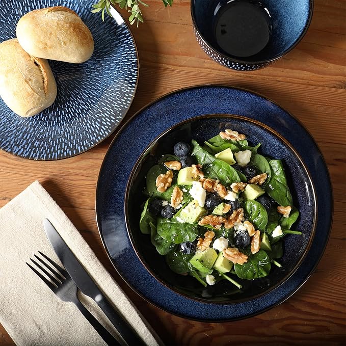 Gibson Elite Matisse 16-Piece Dinnerware Set – Double Bowl Reactive Glaze Stoneware in Blue – Plates and Bowls for 4, Microwave & Dishwasher Safe, Rustic Modern Design