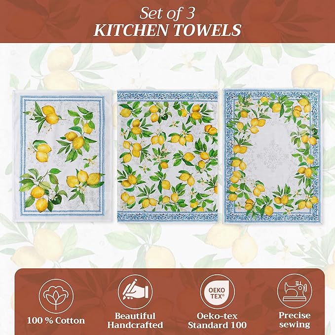 Maison d' Hermine Kitchen Towels Set of 3 100% Cotton 27.50" x 20" Reusable Cloth Tea Dish Towels Absorbent with Hanging Loop for Kitchen, Home, Dining, Cocktail Parties Spring/Summer (Cedrat)