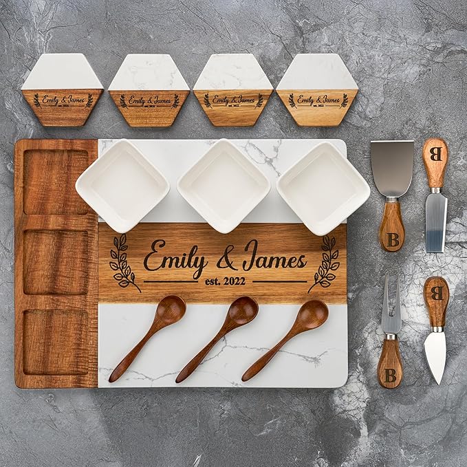 AWESOMETIK Personalized Marble & Acacia Wood Cheese Board – Custom Engraved Charcuterie Board with Knife Set – Gift for Couples