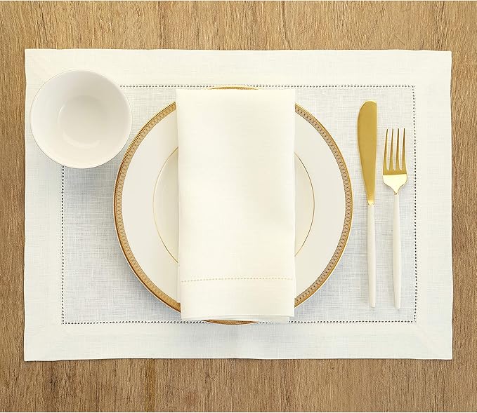 Solino Home Linen Placemats Set of 4 - Classic Hemstitch Ivory Placemats 14 x 19 Inch - 100% Pure Linen Table Mats for Fall, Autumn, Thanksgiving, Christmas, Holiday