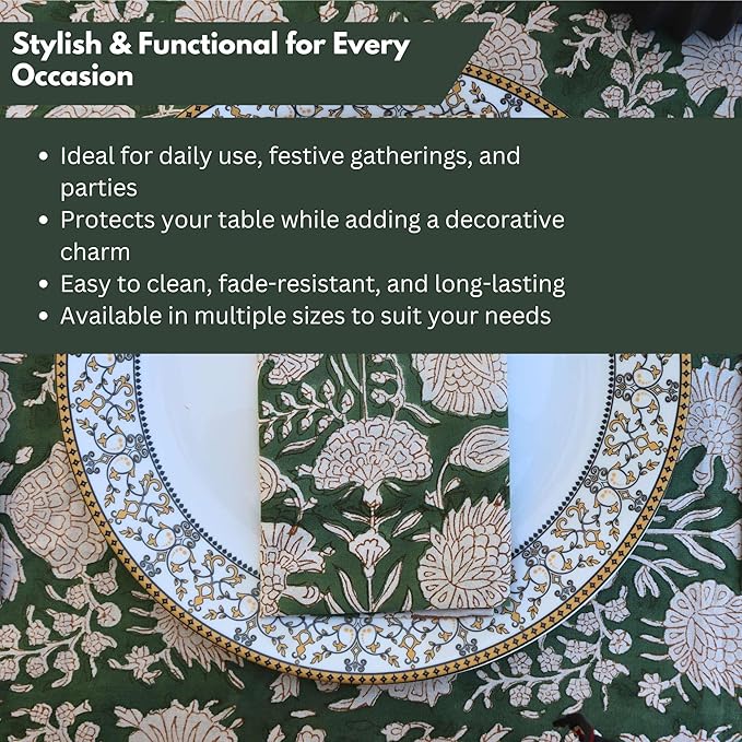 Handblock Print Cotton Tablecloth – 60x60 Square Table Cover Seats 6–8 – Indian Block Printed Floral Dining Table Linen – Boho Washable Cloth for Kitchen, Party, Outdoor (Mint Green)
