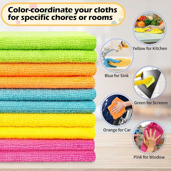 FIXSMITH Microfiber Cleaning Cloth, 20 Pack Cleaning Rags, Cleaning Towels for Housekeeping, Kitchen, Car, Lint-Free, Reusable Shop Towels with 5 Colors (Green/Blue/Yellow/Orange/Pink), 12"X12"