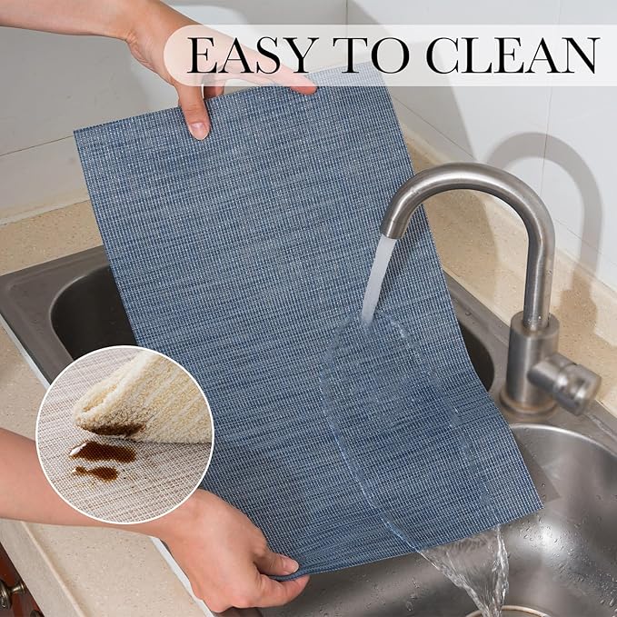 BACKTOEDEN Placemats Set of 6 Heat Resistant Washable Wipeable Placemat Woven Non-Slip Foldable Vinyl/Plastic Place Mats Indoor/Outdoor Mat Kitchen Dining Table Pad, Blue Silver Line