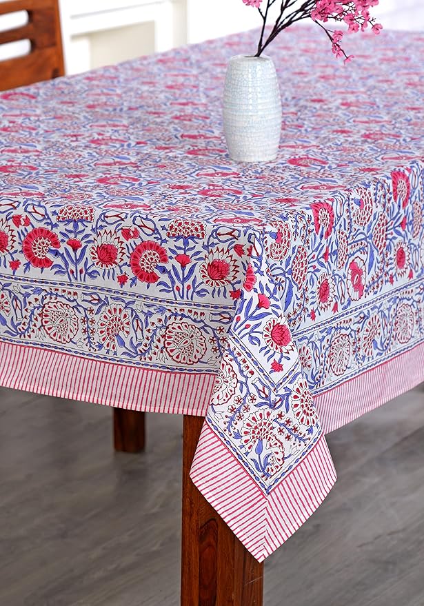 Ridhi Pigeon Blue Hand Block Print Cotton Rectangle Tablecloth 160 x 72 inch-Reusable Table Cover Decorative Everyday Use for Dining Room, Farmhouse, Thanksgiving, Christmas Wedding, Fall