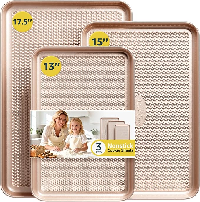 3Pcs Baking Sheet Pan Set, Large Nonstick Cookie Sheets Set, Jelly Roll Pans, Heavy Duty Carbon Steel Cookies Sheet for Oven, Diamond Texture, Gold