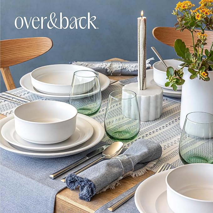 over&back Rim Dinnerware Set - Stoneware Dishes - Comes with 4 Dinner Plates, Salad Plates, Cereal Bowls, and Dinner Bowls - 16-Piece All-Occasion Place Settings - Serves Four - Semi-Matte White