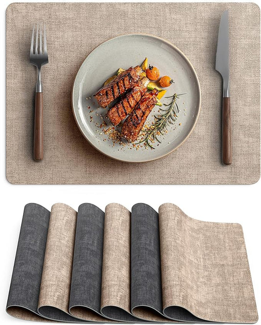 Faux Leather Vinyl Placemats Set of 6 Wipeable Heat Resistant Place Mats 100% Washable - Waterproof - Anti Slip Reversible Table Mats for Kitchen/Dining/Party/Outdoor, 12" x 16.5", Khaki & Black