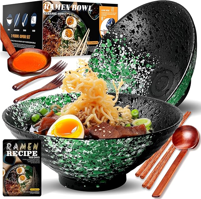 8-Inch Large Ceramic Ramen Bowl Set of 2 (9 Piece) - Microwave & Dishwasher Safe Porcelain Japanese Salad Noodles Cereal Fruit Pasta Soup Bowls with Recipes Chopsticks Forks Spoons for Men Women Gift
