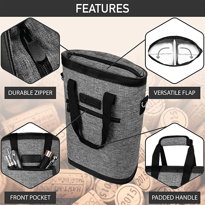 opux Two Bottle Wine Bag Carrier Tote, Insulated Leakproof 2 Bottle Wine Cooler Bag for Travel BYOB Picnic, Portable Wine Case, Gift for Men Women Wine Lover Birthday Party Christmas, Heather Grey