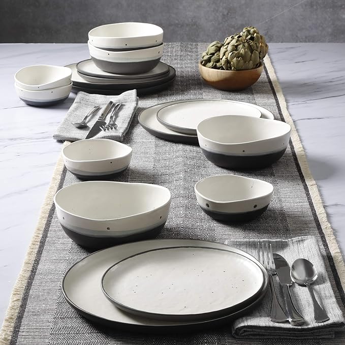 Gibson Elite Rhinebeck 16-Piece Double Bowl Dinnerware Set, Service for 4 – White and Black Stoneware Plates and Bowls