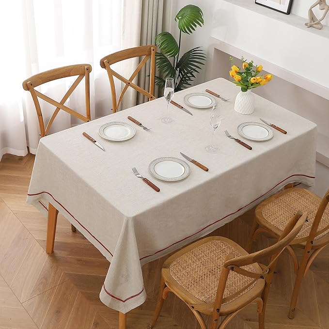 Linen World Hemstitch Linen Tablecloth, 100% Natural French Flax, 60x120Inch Handcrafted Natural-Rust Linen Table Cloth, Tabletop Decoration, Table Cloths for Kitchen, Dining, Daily Use